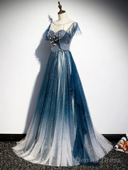 Blue Tulle Long Prom Dress, Blue Beads Long Evening Dress