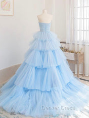 Blue Tulle Long Prom Dresses, Blue Tulle Ball Gown Evening Dresses