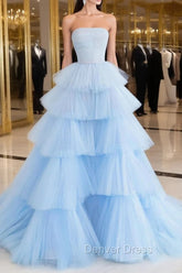 Blue Tulle Long Prom Dresses, Blue Tulle Ball Gown Evening Dresses
