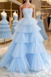 Blue tulle long prom Dresses, blue tulle evening Dresses