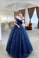 Blue Tulle Long Prom Dress, Off The Shoulder Evening Party Dress