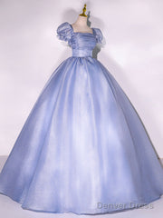 Blue Tulle Long Prom Dress, Tulle Blue Sweet 16 Dress