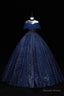 Blue Tulle Long Prom Dress with Sequins, A Line Blue Prom Dresses