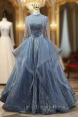 Blue Tulle Long Sleeve Backless Beading Prom Dresses