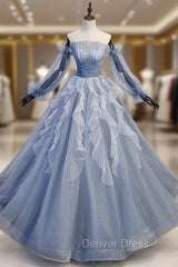 Blue Tulle Long Sleeve Off the Shoulder Prom Dresses