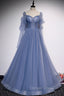 Blue Tulle Long Sleeve Prom Dress, A Line Blue Prom Dresses