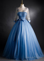 Blue Tulle Long Sleeves Formal Dress With Flower Lace Applique, Blue Sweet 16 Gown