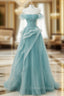 Blue Tulle Off Shoulder Beaded Lace Long Prom Dress, Blue Prom Dresses