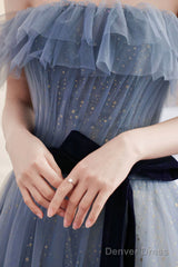 Blue Tulle Off Shoulder Long Formal Dress With Bow, A-Line Evening Gown