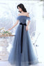 Blue Tulle Off Shoulder Long Prom Dresses With Bow, A-Line Prom Gowns