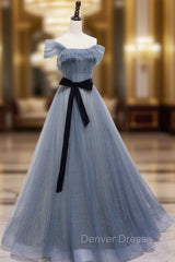 Blue Tulle Off Shoulder Sequin Long Prom Dresses Blue Evening Dresses