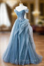 Blue Tulle Off the Shoulder Pleats Prom Dresses