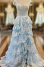 Blue Tulle Off the Shoulder Sequins Appliques Prom Dresses