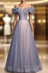 Blue Tulle Off the Shoulder Sequins Beading Prom Dresses