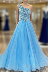 Blue Tulle One Shoulder Sequins Crystal Prom Dresses
