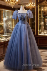 Blue Tulle Puff Sleeve Beading Prom Dresses