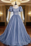 Blue Tulle Puff Sleeve Pearls Prom Dresses