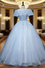 Blue Tulle Puff Sleeve Sequins Quinceanera Dresses