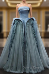 Blue Tulle Satin Strapless Prom Dresses