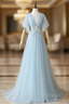 Blue Tulle See Through Neck Appliques Pleats prom Dresses
