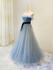 Blue Tulle Sequin Long Prom Dresses A Line Tulle Blue Formal Dresses