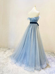 Blue Tulle Sequin Long Prom Dresses A Line Tulle Blue Formal Dresses