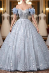 Blue Tulle Sequins Beading Feather Quinceanera Dresses