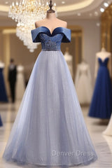 Blue Tulle Sequins Beading Off the Shoulder Prom Dresses