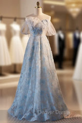 Blue Tulle Sequins Beading Prom Dresses