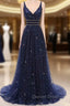 Blue Tulle Sequins Bling Bling V Neck Long Prom Dresses