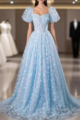 Blue Tulle Sequins Butterfly Short Sleeve Prom Dresses