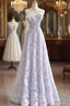 Blue Tulle Sequins Flower Prom Dresses