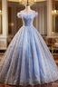 Blue Tulle Sequins Long A Line Prom Dress with Feather, Off the Shoulder Prom Dresses