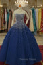 Blue Tulle Sequins Long Ball Gowns Prom Dress, Sparkle Blue Quinceanera Dresses