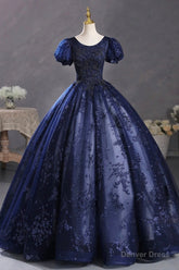 Blue Tulle Sequins Long Formal Dress, A-Line Short Sleeve Evening Party Dress