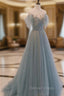 Blue Tulle Sequins Long Prom Dress, A Line Scoop Neckline Prom Dresses