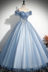 Blue Tulle Sequins Long Prom Dresses, Beautiful A-Line Evening Party Dresses