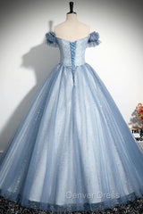 Blue Tulle Sequins Long Prom Dresses, Beautiful A-Line Evening Party Dresses