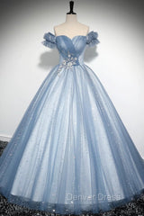 Blue Tulle Sequins Long Prom Dresses, Beautiful A-Line Evening Party Dresses