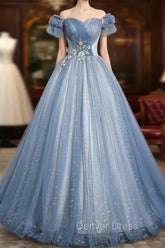 Blue Tulle Sequins Long Prom Dresses, Beautiful A-Line Evening Party Dresses