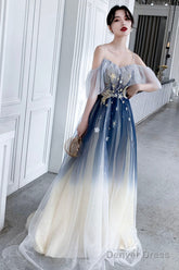 Blue Tulle Sequins Long Prom Dresses, A-Line Off The Shoulder Party Dresses