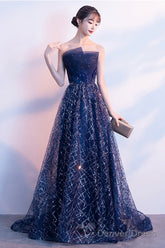 Blue Tulle Sequins Long Prom Dresses, A-Line Strapless Evening Dresses