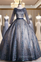 Blue Tulle Sequins Long Sleeve Quinceanera Dresses