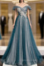 Blue Tulle Sequins Off the Shoulder Appliques Prom Dresses