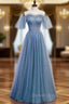 Blue Tulle Sequins Off the Shoulder Beading Pleats Prom Dresses