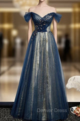 Blue Tulle Sequins Off the Shoulder Beading Prom Dresses