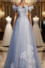 Blue Tulle Sequins Off the Shoulder Bow Pearls Prom Dresses