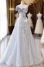Blue Tulle Sequins Off the Shoulder Bow Prom Dresses