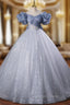 Blue Tulle Sequins Off the Shoulder Bow Quinceanera Dresses