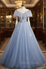 Blue Tulle Sequins Off the Shoulder Pearls Prom Dresses